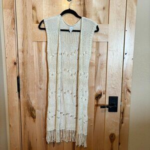 PHYLYA Boho Fringe Duster Crochet Sweater Cap Sleeve S Small Cream Boho Festival
